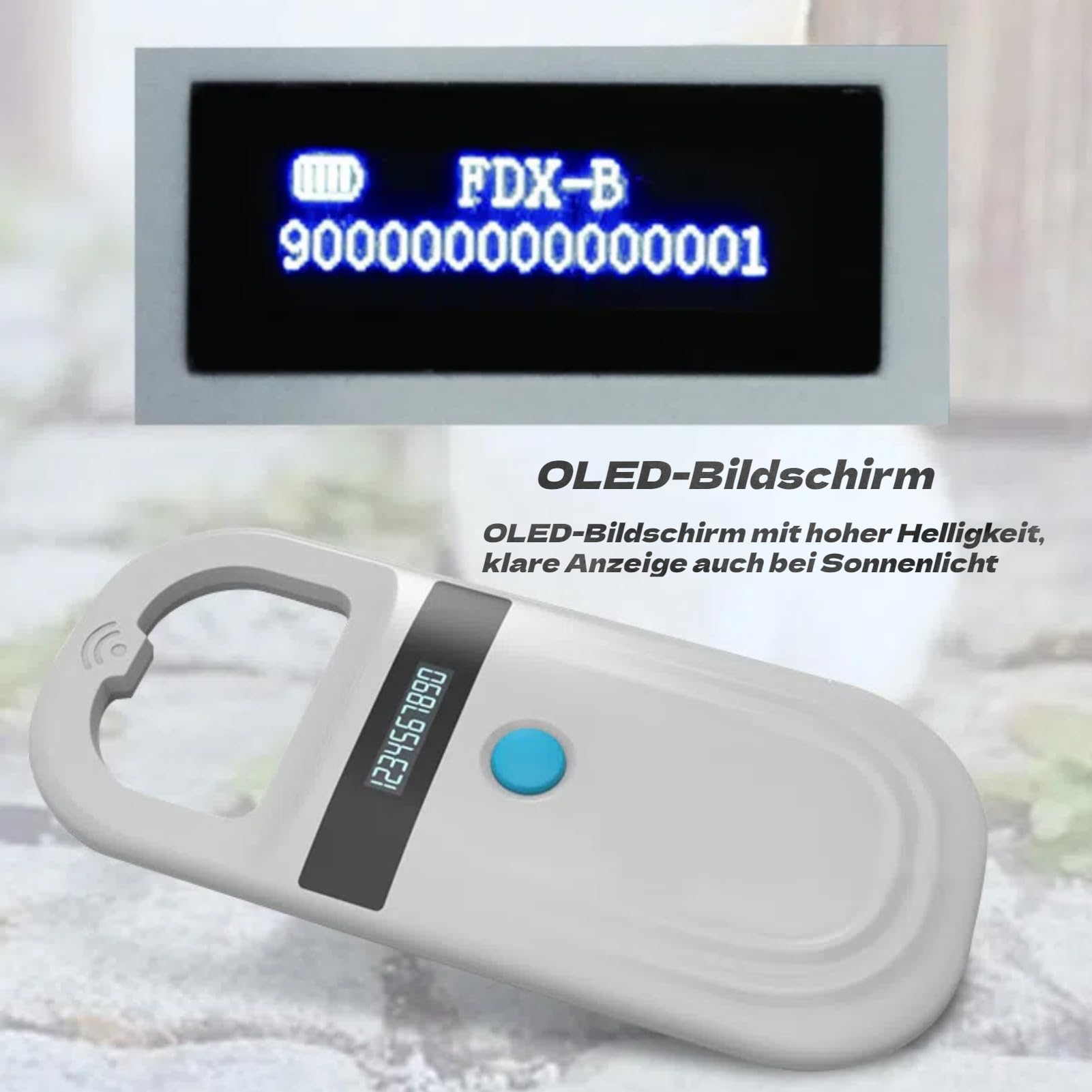 Akozon Scanner de Puces pour Animaux de Compagnie, Lecteur de Reconnaissance d'affichage Haute luminosité, Lecteur 3,7 V, pour Chiens, Chevaux, Chats, Cochons, étiquettes