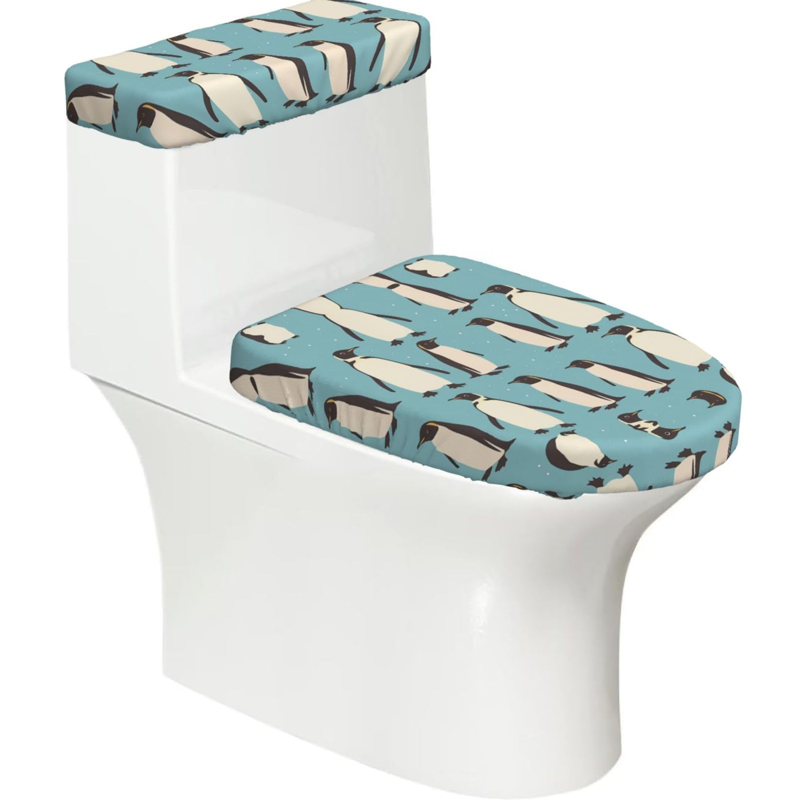 Wzycwb Black A Group Of Penguins 2-Piece Toilet Seat Cover Set With Tank Lid, Elastic Fit For U-Shape & Elongated Toilets, Bathroom Decor, Housewarming Gift