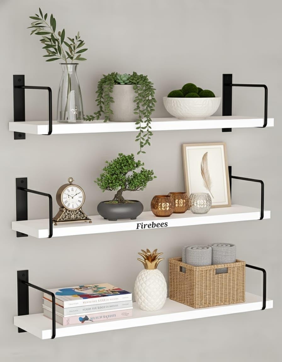 FireBees Wooden Wall Shelf for Books | Wall Mounted Bookshelf for Living Room & Bedroom | Floating Wall Bookshelf | Book Shelf Wooden Wall Mounted | Decorative Wall Shelf Rack (White, 20X6X6, 3)
