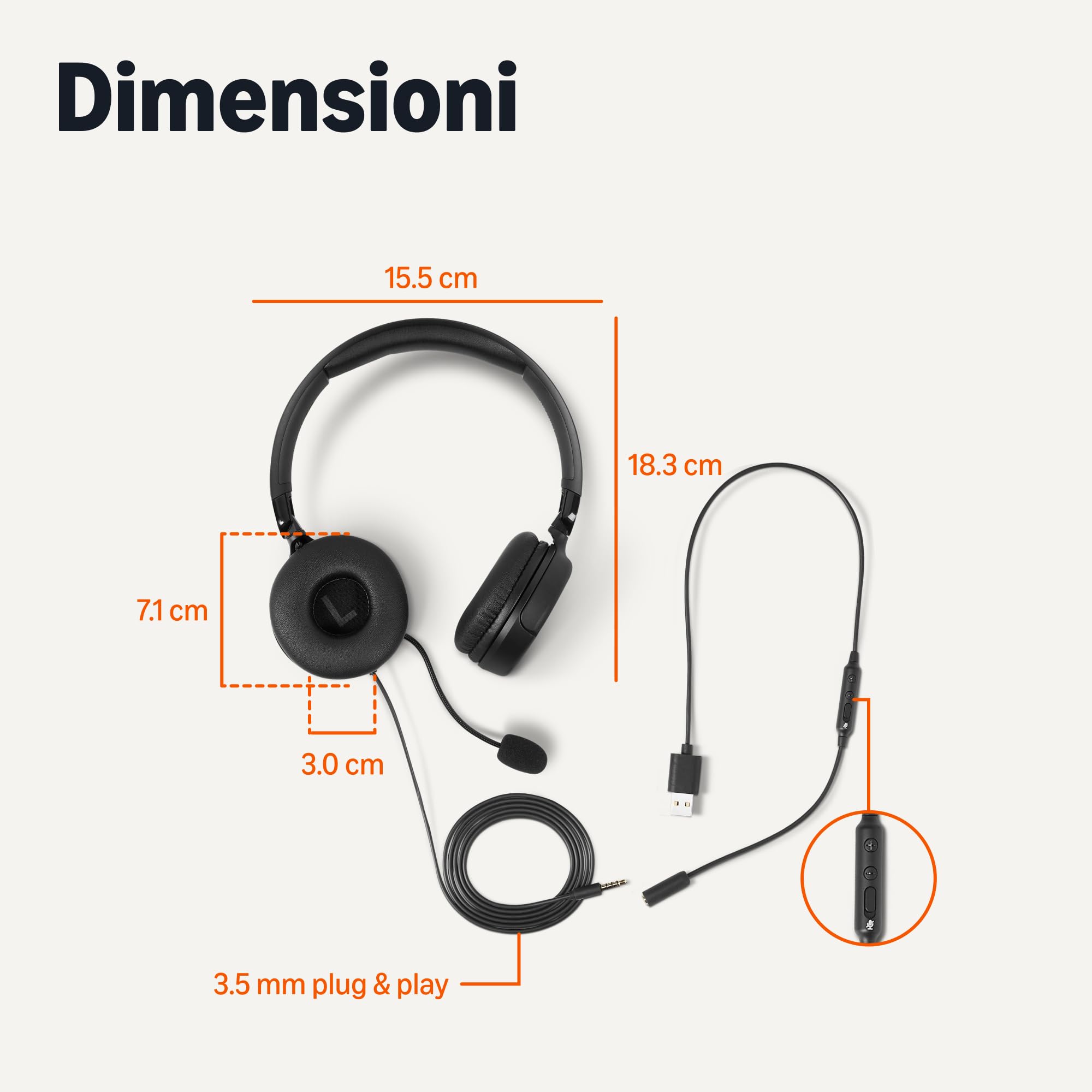 Amazon Basics - Cuffie Over-Ear per Computer con Cavo, Microfono Regolabile, Connessione da 3,5 mm, Controllo Cablato con USB-A, Pieghevoli, Cuffie per Ufficio, Smartphone, PC, Laptop, Nero