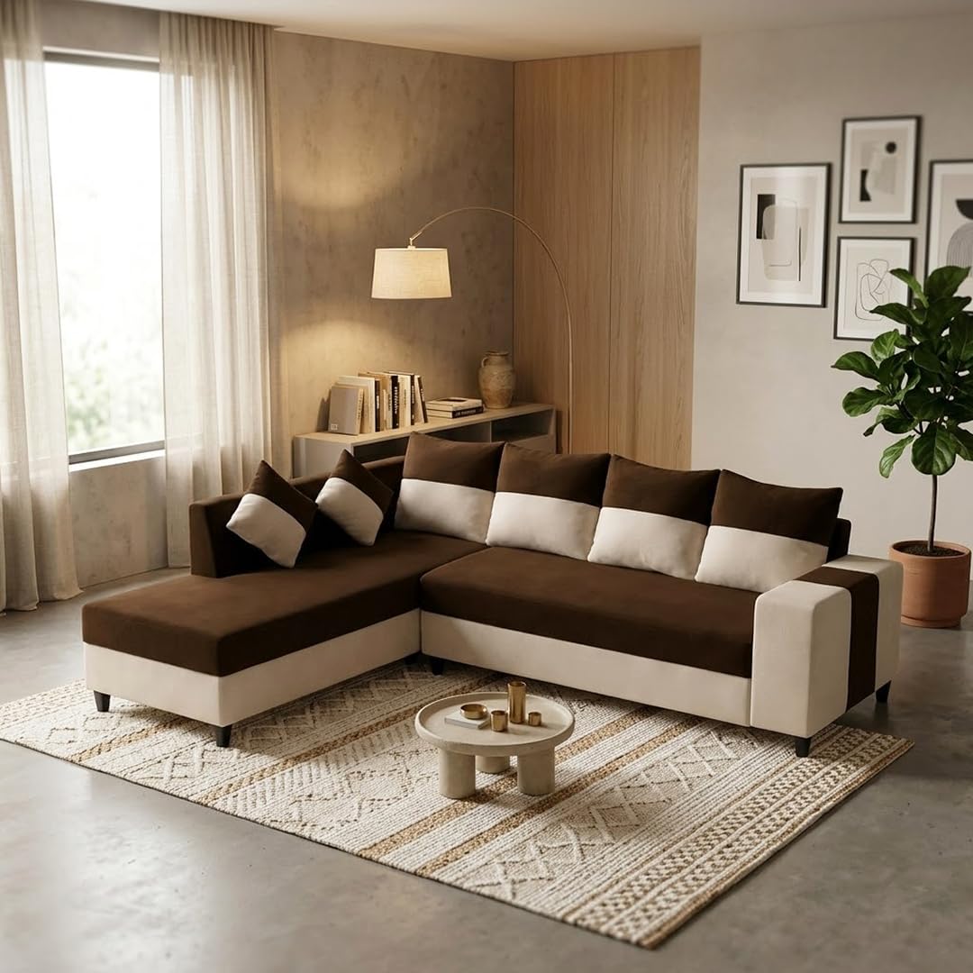 FURNY Sebian Velvet-Suede Fabric 6 Seater LHS Sofa Set (Dark Brown - Cream) | Comfortable & Spacious Seating | Modern Sofa Set for Living Room | Plush Comfort Cushions-image-24