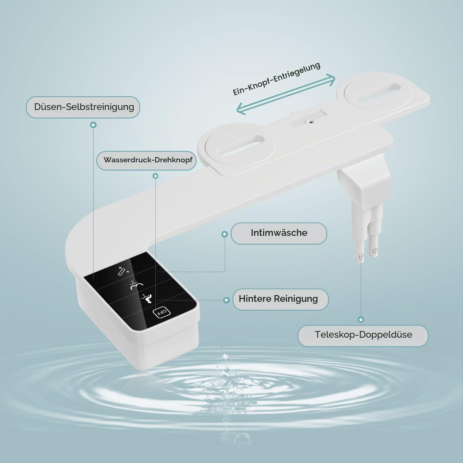 Bidet Aufsatz für Toilette, Nicht Elektrisches Kaltwasser-Bidet mit Einziehbaren Doppel Selbstreinigenden Düsen (Front- und Heckreinigung), verstellbarer Wasserdruck WC Bidet Aufsatz