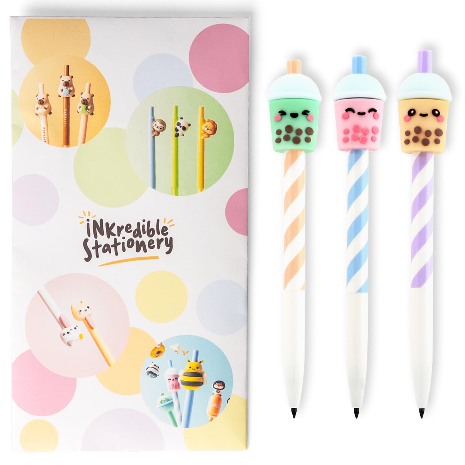 Puckator Foodiemals Bubble Tea Everlasting Pencil | Novelty Mechanical Pencils with Fun Character Designs | No Sharpening Stationery | Pack of 3