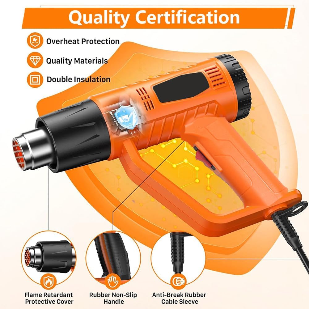 2000w Hot Air Gun,50℃-650℃ Temperature Adjustment,6 Wind Speed Levels,6 Nozzles,Digital Display,9.8 Feet Cable Length,Overheat Protection,Suitable for Heat Shrink Tubing and Paint Stripping