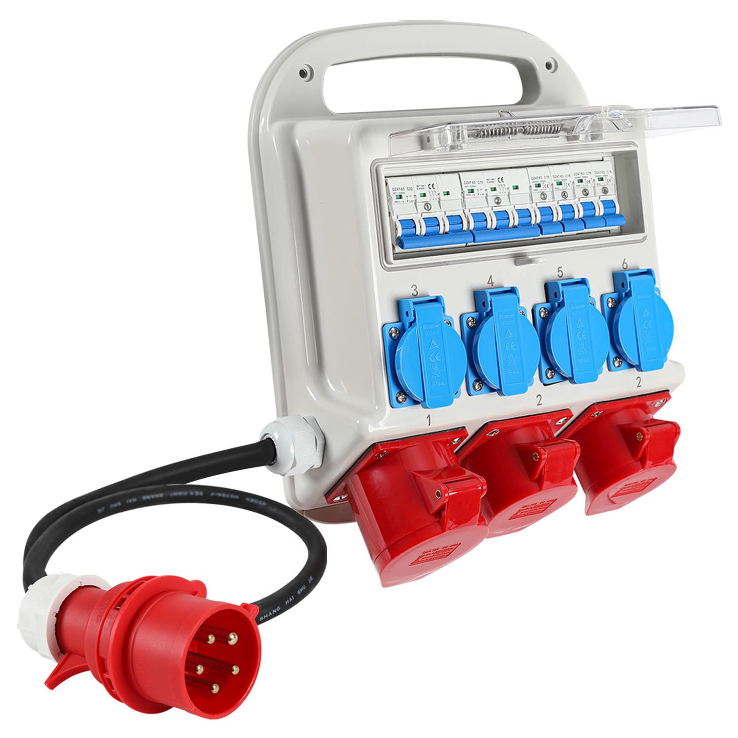 Distributore di corrente da costruzione, 2 x CEE 400 V/16 A, 1 x CEE 400 V/32 A, 4 x 230 V, con interruttore automatico, con cavo di alimentazione da 1,2 m, per cantieri