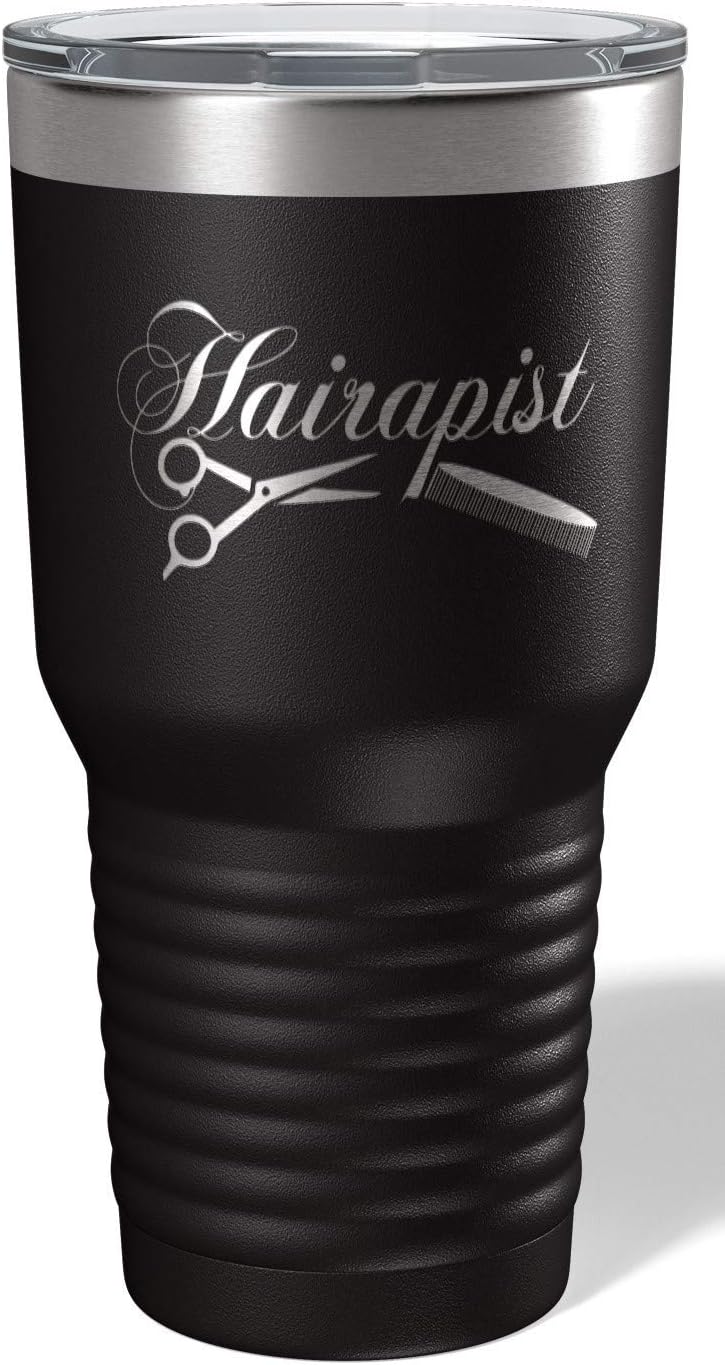 Hairapist is etched on 30 ounce black insulated tumbler, won't peel crack or fade. Great for your stylist, hairdresser or barber. Double Wall Insulated with lid keeps drinks cold for 24 hours