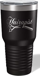 Hairapist is etched on 30 ounce black insulated tumbler, won't peel crack or fade. Great for your stylist, hairdresser or barber. Double Wall Insulated with lid keeps drinks cold for 24 hours