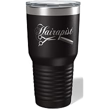 Hairapist is etched on 30 ounce black insulated tumbler, wont peel crack or fade. Great for your stylist, hairdresser or barber. Double Wall Insulated with lid keeps drinks cold for 24 hours