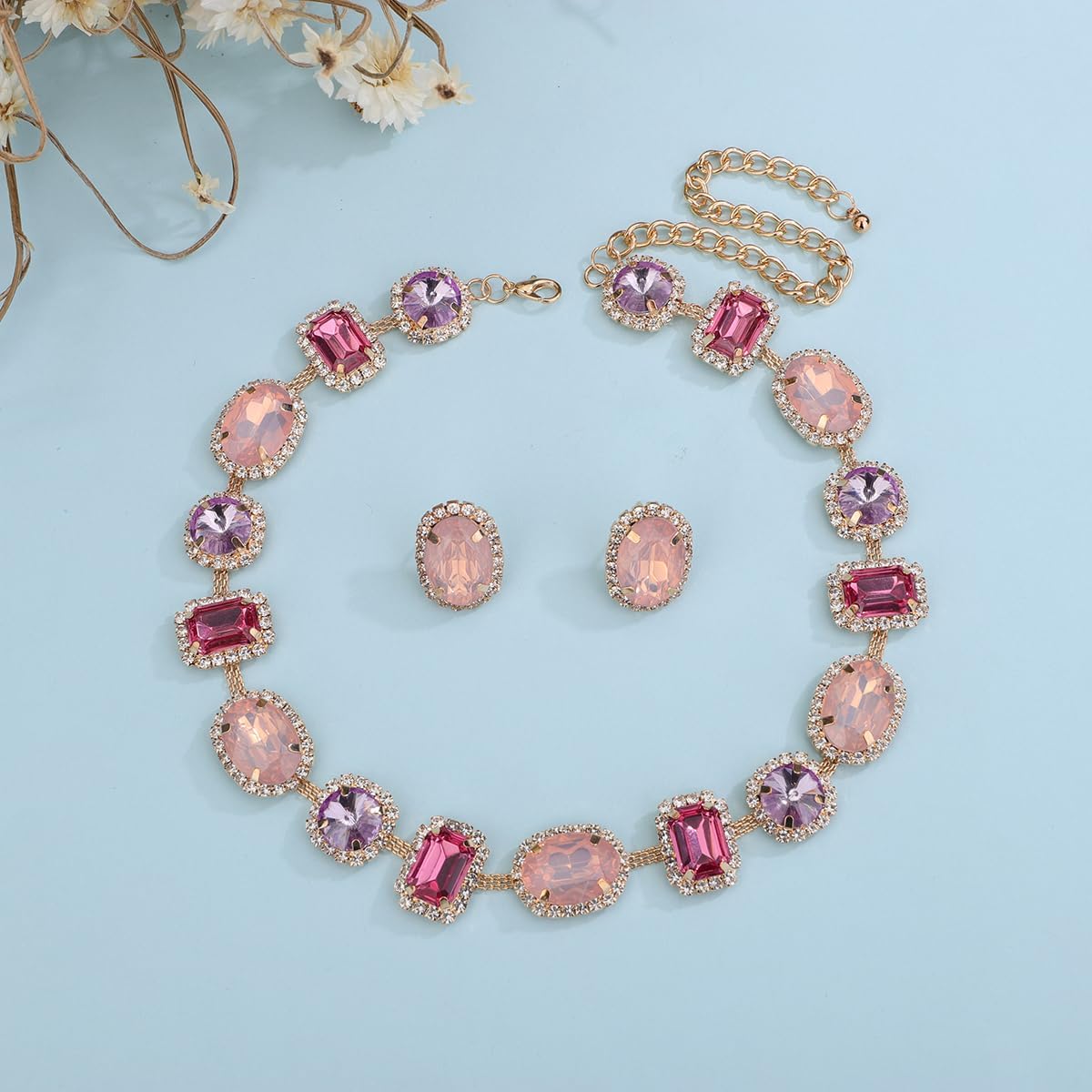 Xerling Multi-colored Geometric Gemstone Crystal Statement Choker Necklace for Women Bridal Wedding Collar Necklace Chains with Stud Earrings - Image 4