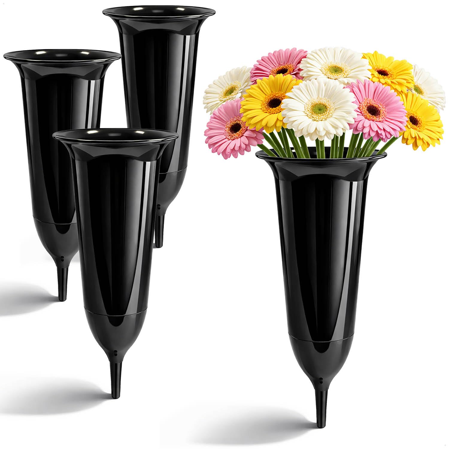 com-four® 4X Grabvasen schwarz 23 cm, wetterfeste Steckvase für Grab | Friedhofsvase für Grabschmuck & Blumenarrangements
