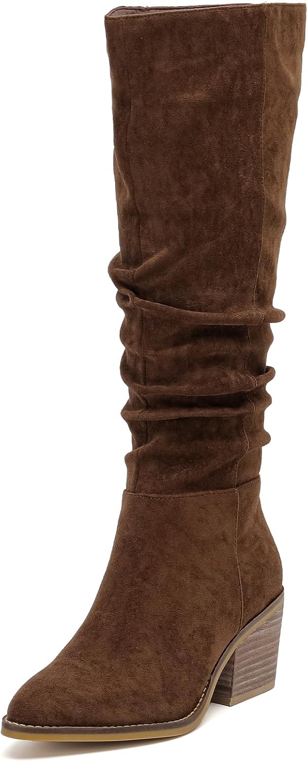 Women's Knee High Boots, Wide Calf Chunky Block Low Heel and Slouchy Pointed Toe Winter Long Boots for Women.