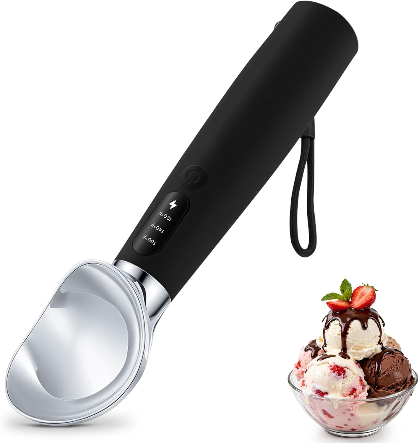 VRAIKO Heated Ice Cream Scoop | Electric Icecream Scooper with 3-Level Adjustable Heats - 120/140/160℉, LED Display, 2600mAh Capacity, Rechargeable | for Hard Ice Cream and More (Black)