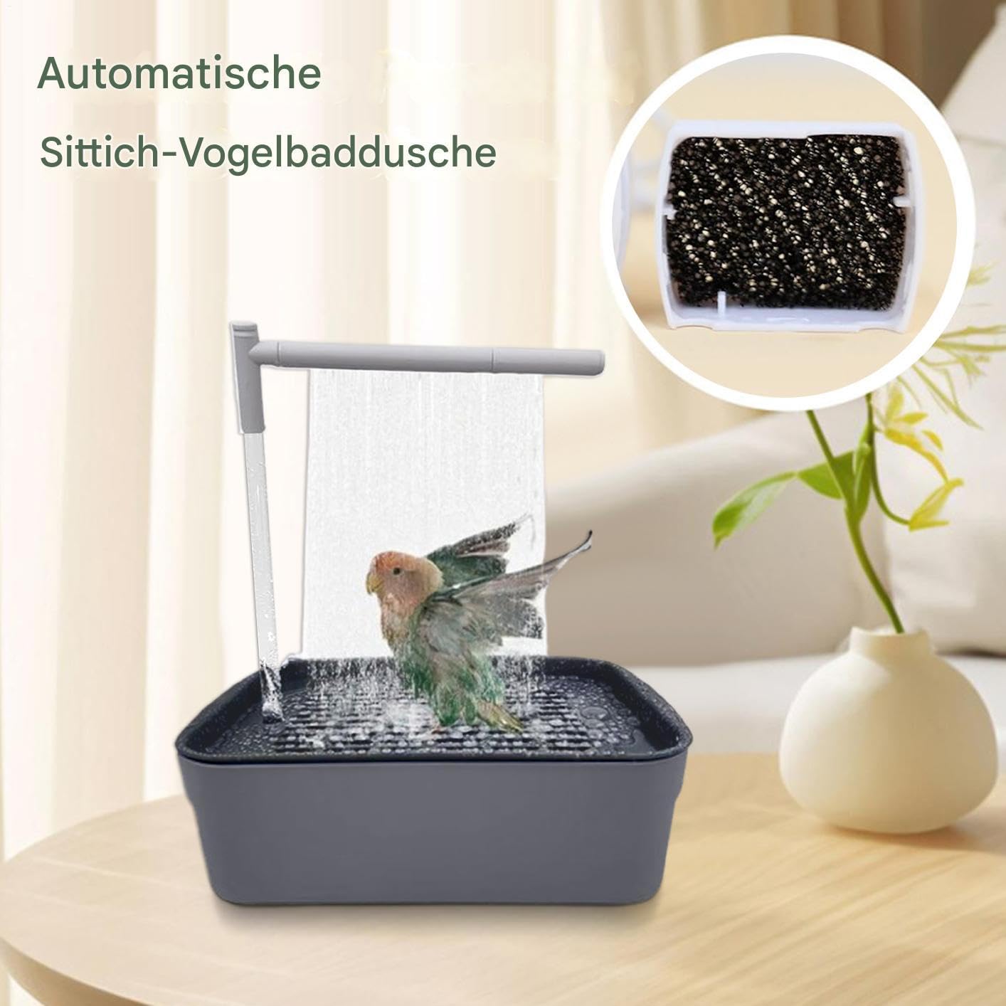 Ducha para pájaros de 31,3 cm, ducha automática para pájaros, recargable por USB, accesorios de baño, con grifo de circulación, para periquitos y pájaros pequeños