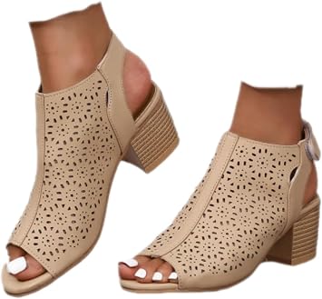 Ladies Cut Out Peep Toe Sandals Slingback Chunky Stacked Heel Ankle Booties Shoes Ankle Strap Low Heel Dress Pumps Sandals