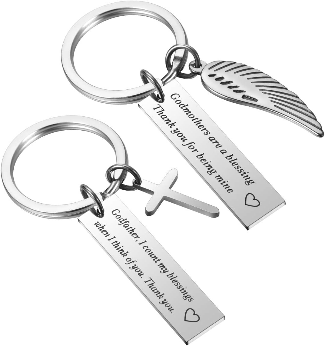 Godparent Gifts from Godchild for Baptism - Christening Gift Fairy Godmother Keychain, Godfather Keychain (Set of 2)