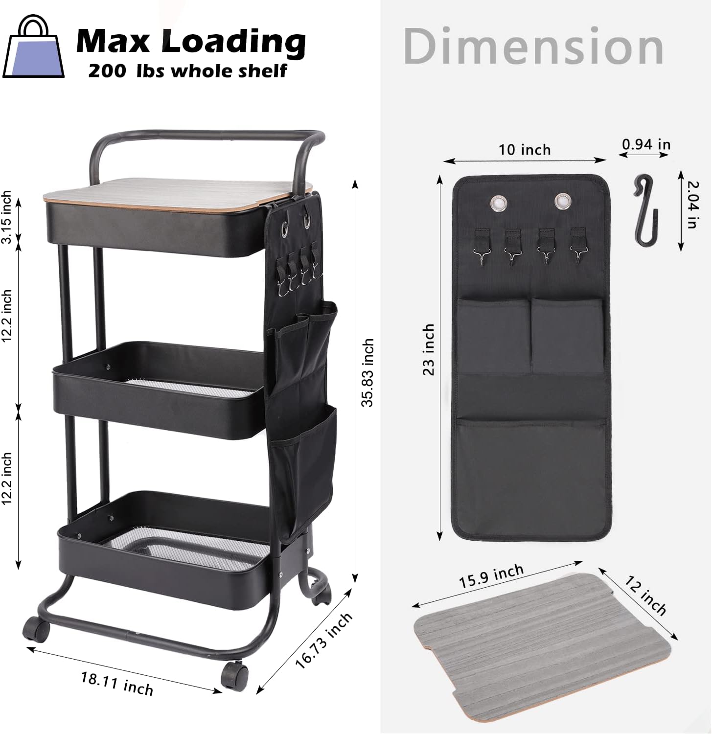 DTK 3 Tier Metal Utility Rolling Cart with Table Top and Side Bags, Metal Tray Storage Organizer Cart with Wheels, Art Craft Cart with 4 Hooks for Kitchen Bathroom Office Living Room (Black)