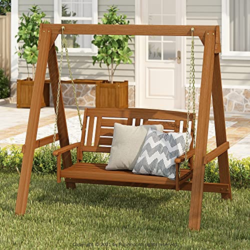 Furinno Tioman Hardwood Patio / Garden / Outdoor 4Ft Porch Swing, 2 Seater With Stand, Natural #TOP5
