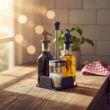 Deconox Quadruple Spice and Oil Vinegar Set | Salt Shaker with Stand, Pepper Shaker, Olive Oil and Vinegar Bowl Set | Desktop Kitchen Set 2 Pieces 200 ml Oil Bowl, 2 Pieces 100 ml Salt Shaker Pepper Shaker