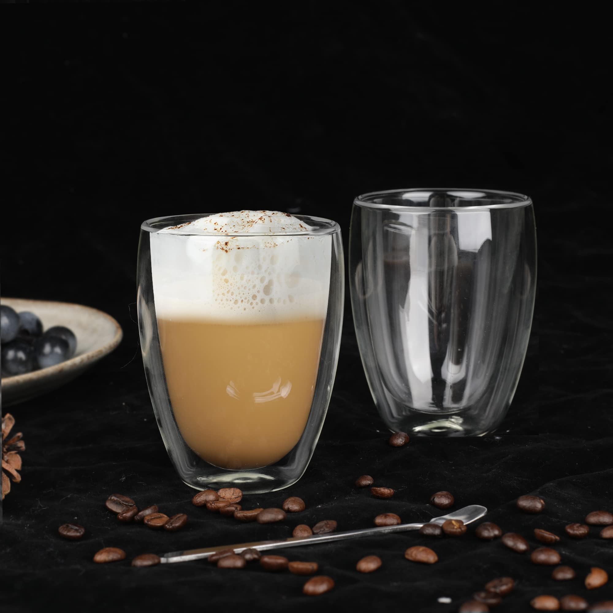 LIBWYS 6 x 350 ml Double-Walled Coffee Glasses with Spoon, Cappuccino, Latte Macchiato Glass Tea Cups Thermal Coffee Cups Tea Glasses (without Handle)