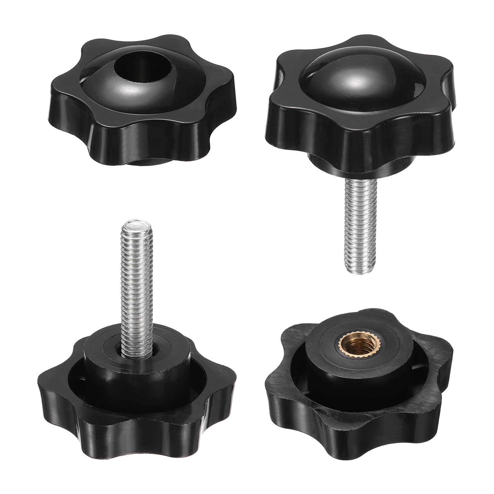 sourcing map 2 Set Star Knobs M6 x 25mm Male + M6 Female Thread 38mm Head Metric 6-Star Threaded Stud Clamping Handles Screw in Through Hole Hand Jig Knob Thumb Screws, Black