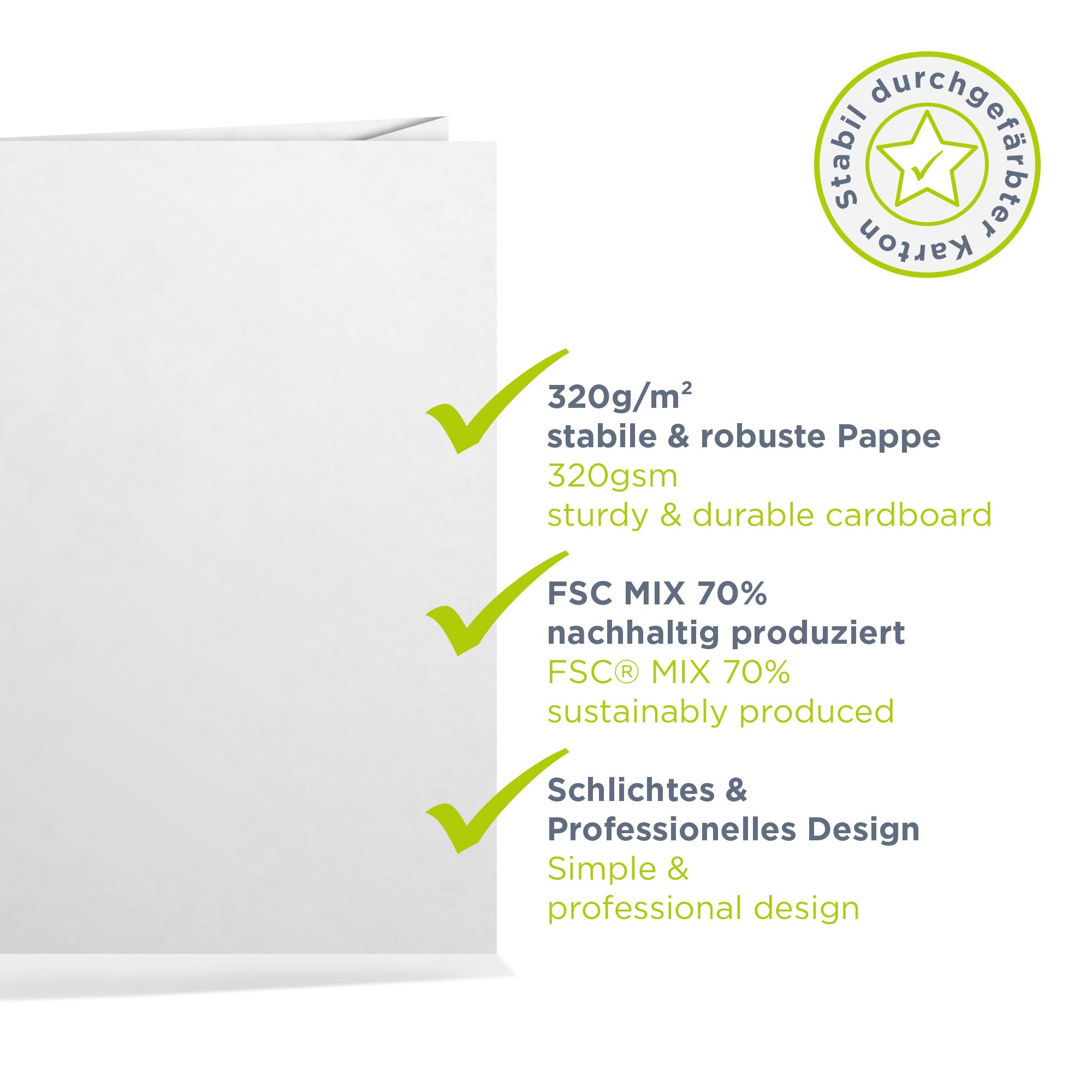 100 x Präsentationsmappe für A4 in weiß, FSC® MIX 70%, sehr stabile Dokumentenmappe 320g/m² Karton mit Visitenkartenschlitz, passt in C4-Umschlag, Made in Germany, direkt vom Hersteller Werbegrün