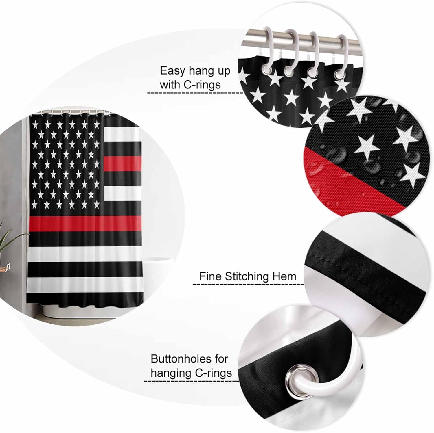 Prime Leader 4 Pcs Shower Curtain Sets with Non-Slip Rugs, Toilet Lid Cover, Bath Mat America Firefighters Flag Thin Red Line Bathroom Decor Shower Curtain with 12 Hooks Waterproof Polyester Fabric