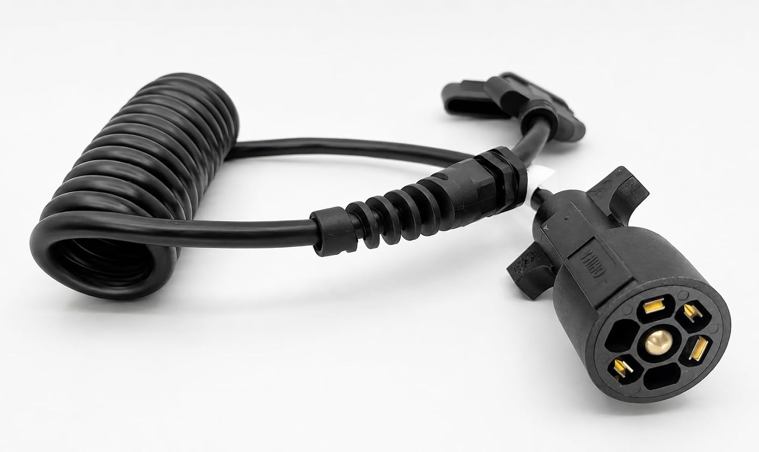 7 Way Round to 5 Way Flat Coiled Trailer Adapter/Connector with Trailer Clip and Upgraded UV Coating (6') - Coiled, Extendable, Double Prong 7 Way Adapter, and Trailer Clip (6 Feet)