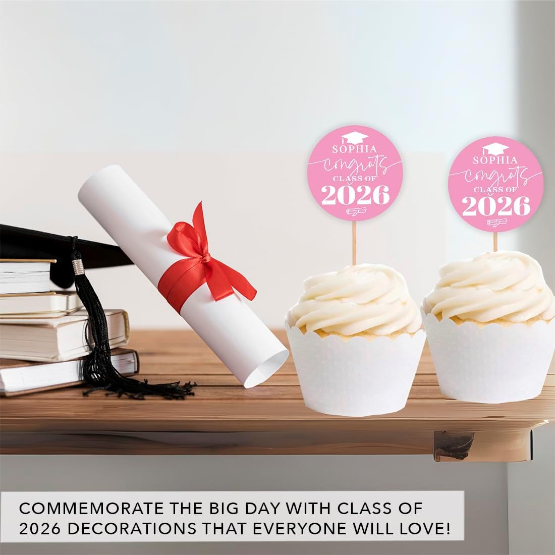 Andaz Press Personalized Graduation Cupcake Toppers with Custom Name, Congrats Cupcake Picks Decor, Graduation Decorations 2026, Class of 2026 Decorations, Bulk 20 Pack, 2 Inch