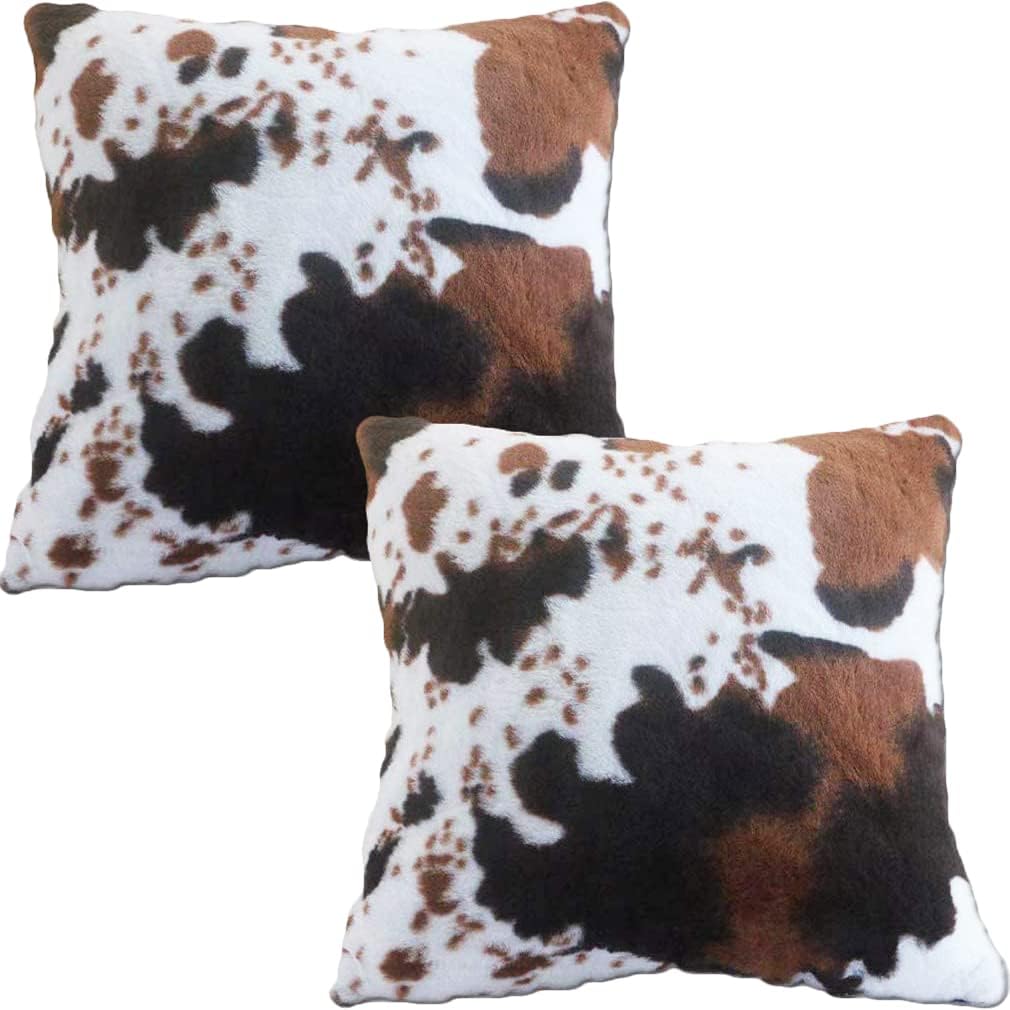 Entua Farm Animal Skin Cowhide Cow Faux Fur Throw Pillow Covers Western Country Farm Decor Rustic Pillow Cover Luxury Soft Plush Cushion Case for Sofa Home Couch Brown White Black