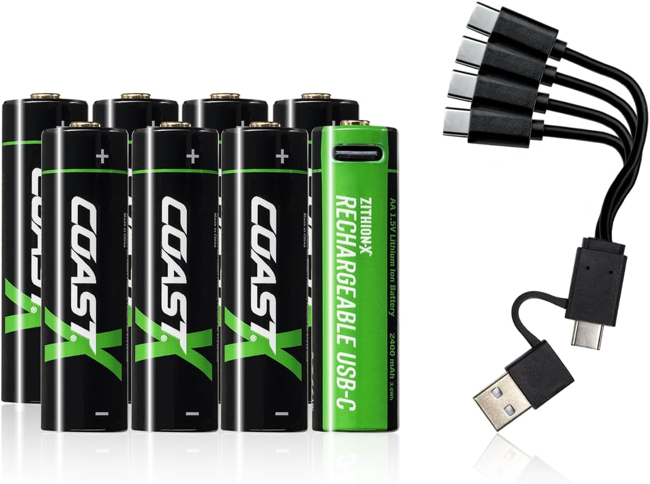 Coast Baterías recargables AA USB-C, ZITHION-X, iones de litio de 1.5 V 2400 mAh, larga duración, se carga menos de 2.5 horas, cable de carga