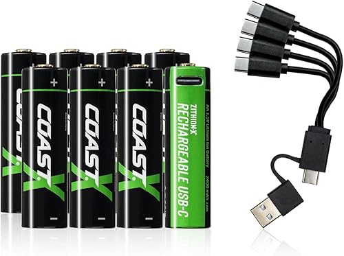 Coast Baterías recargables AA USB-C, ZITHION-X, iones de litio de 1.5 V 2400 mAh, larga duración, se carga menos de 2.5 horas, cable de carga