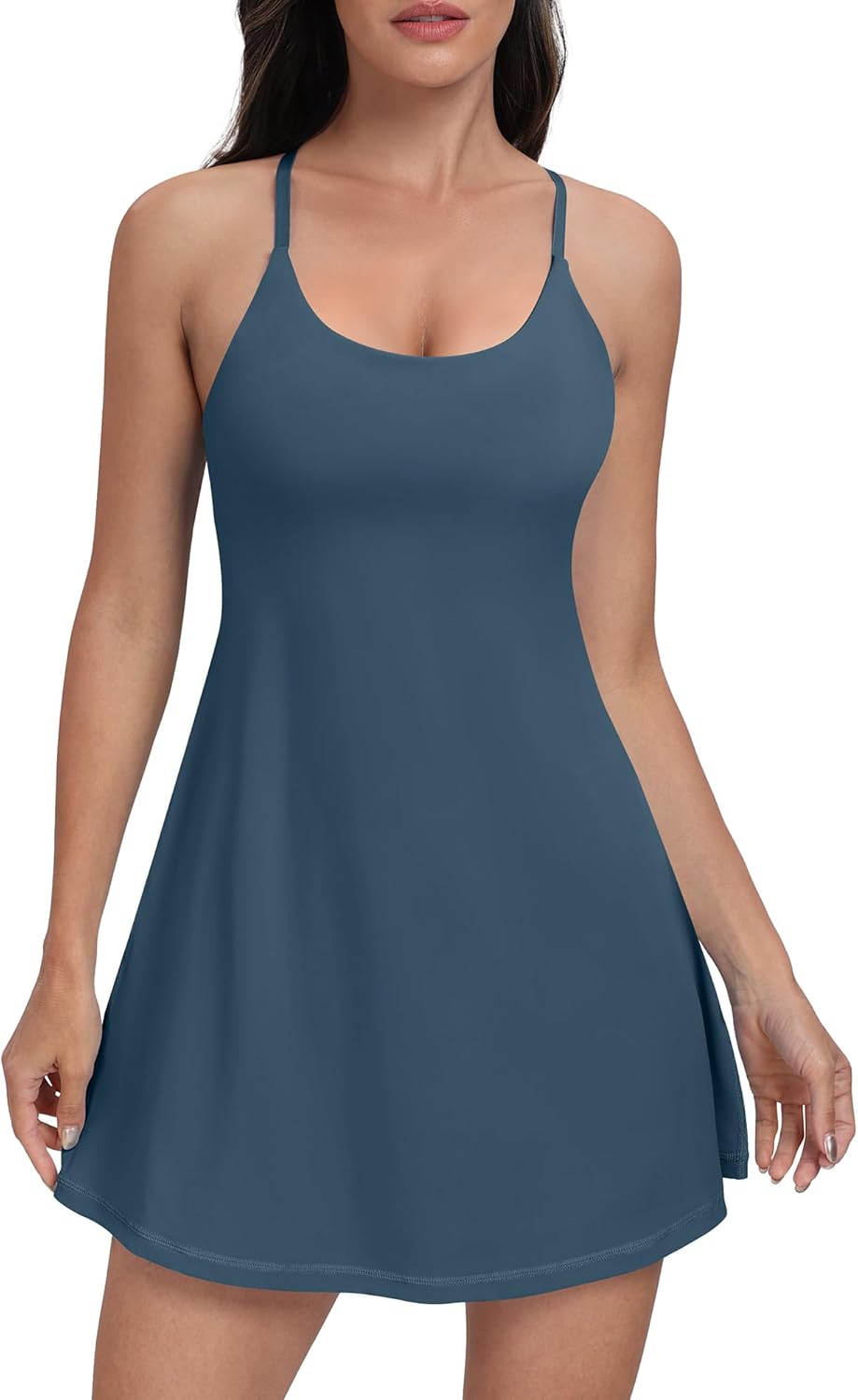 Women Workout Tennis Dress with Built-in Bra Shorts, Easy Peezy Cross Shoulder Straps and Pockets