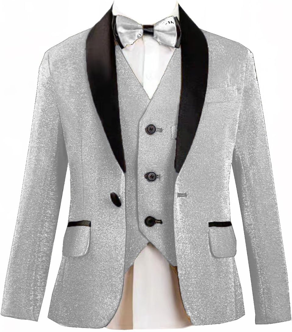 2 Pieces Boys Suit Shiny Tuxedo Set Flower Boy Jacket Vest for Party Birthday Wedding