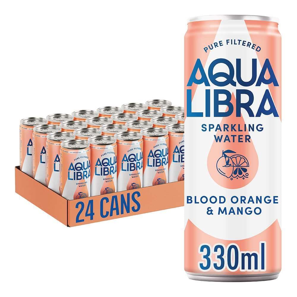 AQUA Libra Sparkling Water, Sugar Free Fruit Water, No Sugar, No Calories, Blood Orange & Mango, 330 ml, Pack of 24 Cans
