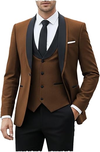 Mens 3 Piece Suits Slim Fit Tuxedo Suit Set Shawl Lapel Blazer Jacket Vest Pants Set for Prom Business
