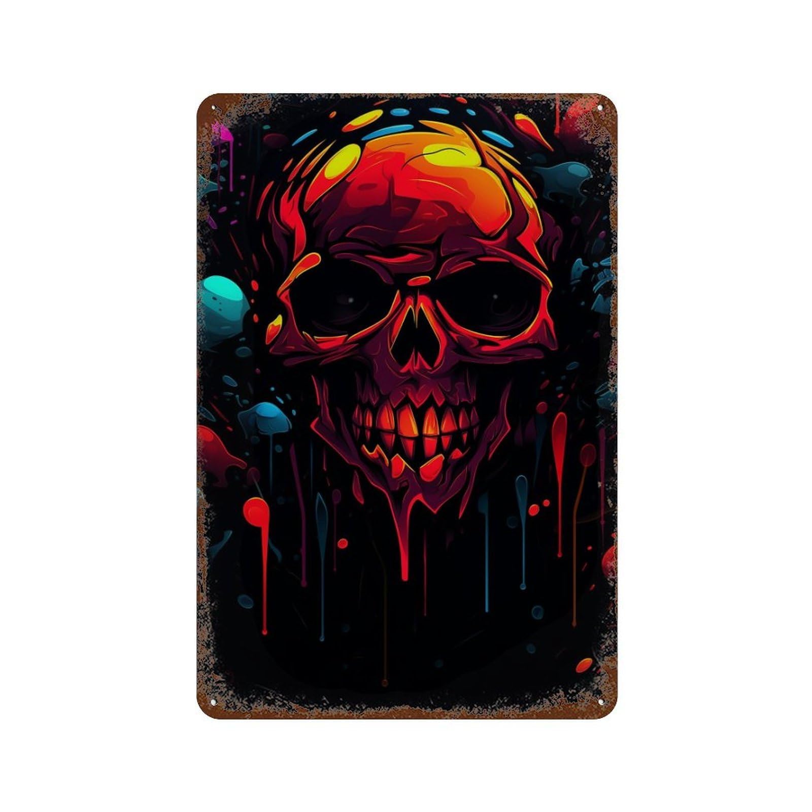Glowing Skull Art Print Rust Effect Tin Sign 11.8"x7.9", Decorative Metal Wall Art for Living Room, Hallway And Home Decor