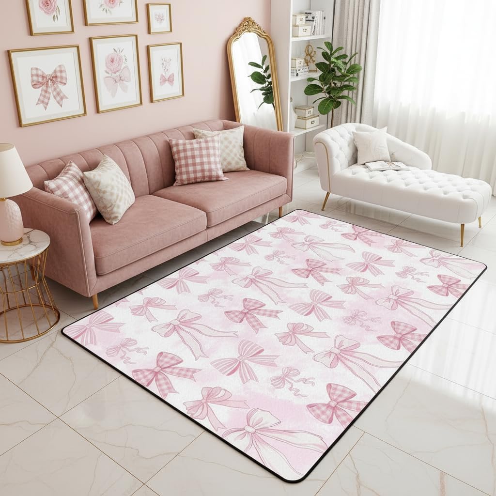 Cravates à repasser - Tapis de salon - 100 x 150 cm - Motif nœud papillon rose mignon - Tapis de chambre à coucher pour enfants et adolescents - Décoration d'intérieur