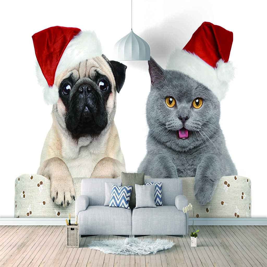 Papier peint chat de Noël 3D pour décorer le salon et le fond de TV