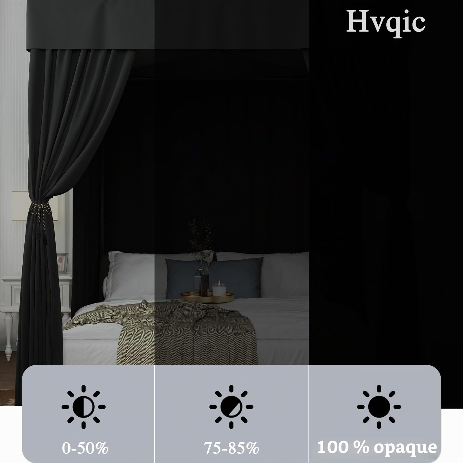 Hvqic Rideaux à baldaquin Noir – Rideaux de lit à 4 poteaux d'angle pour très Grand lit – Rideaux résistants à la lumière pour Adultes et Filles – Décoration de Chambre (très Grand lit, Noir)
