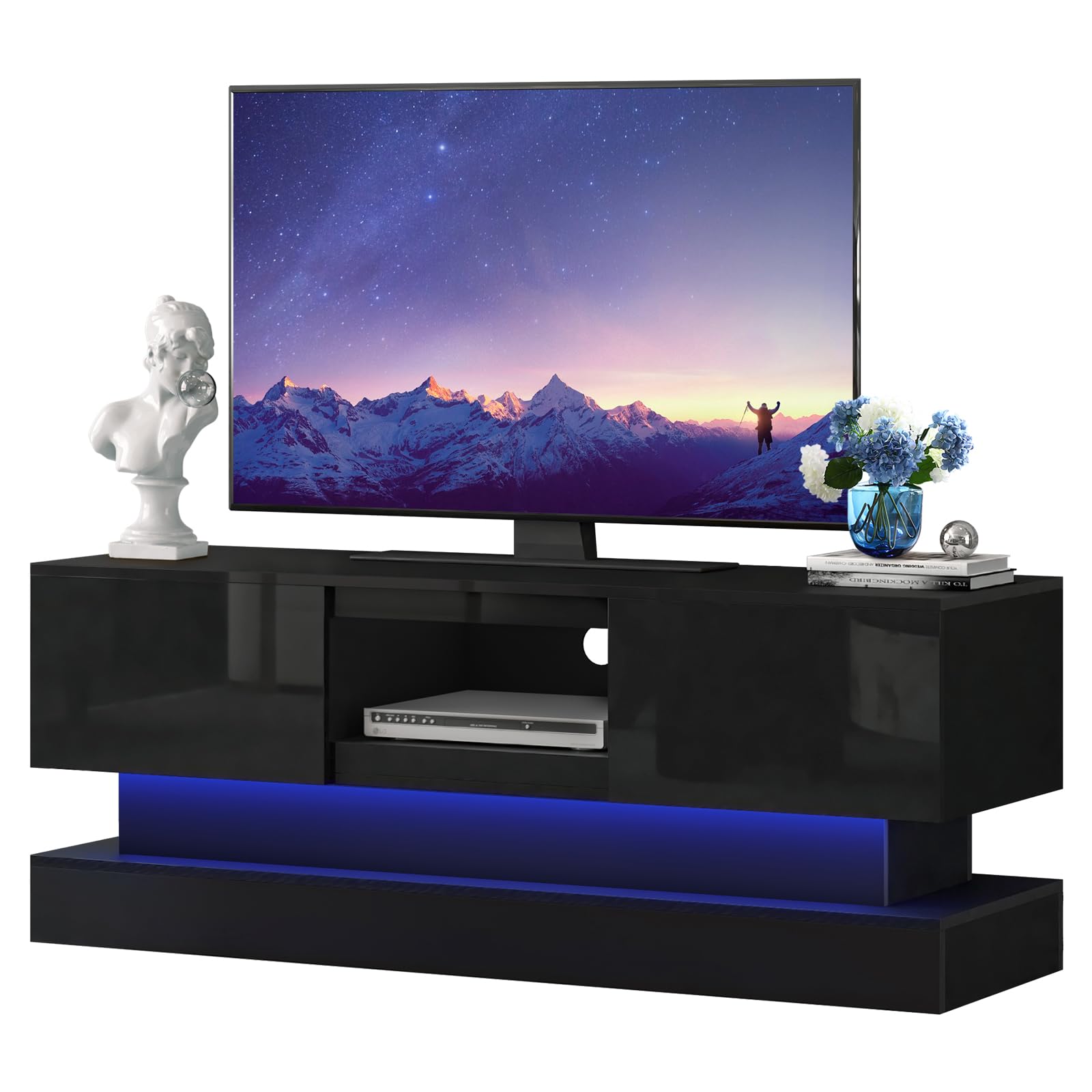 Koifuxii Black TV Stand Modern - TV Stands with Led Lights and Storage Drawers for TVs up to 55 Inch - Gaming TV Entertainment Stand for Living Room, Bedroom