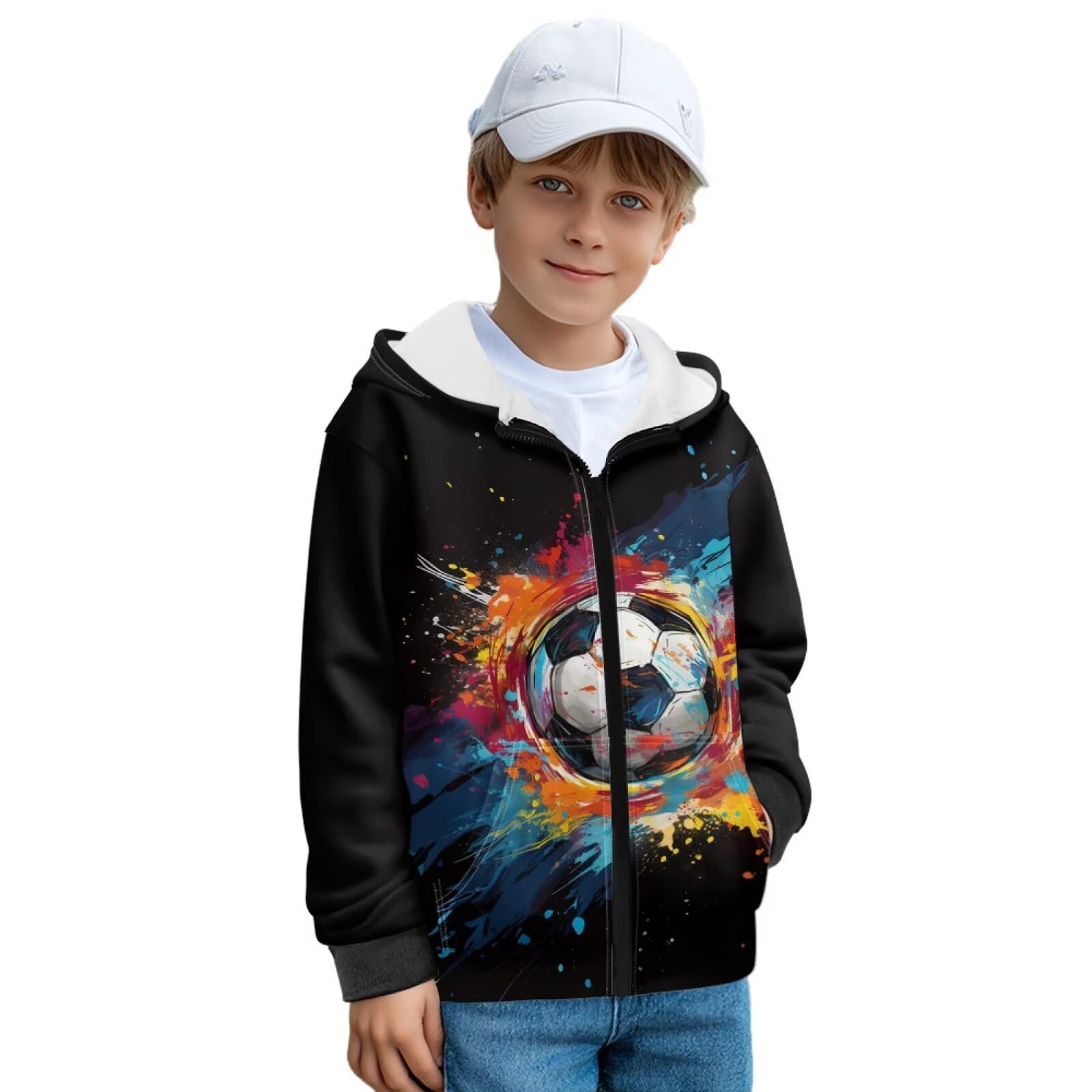 Bluza z kapturem dla dzieci z nadrukiem piłki nożnej z pełnym zamkiem błyskawicznym przytulna bluza z kieszeniami polarowa bluza z kapturem odzież uliczna do szkoły domu, XL