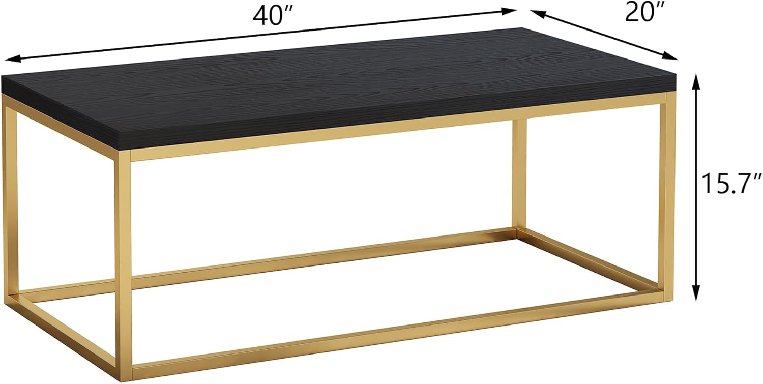 CENSI 40" Black and Gold Coffee Table for Living Room, Modern Cocktail Table with Brass Metal Legs, Rectangle Faux Oak Wood Center Table, Extra Thick Top, Luxury Glam Style