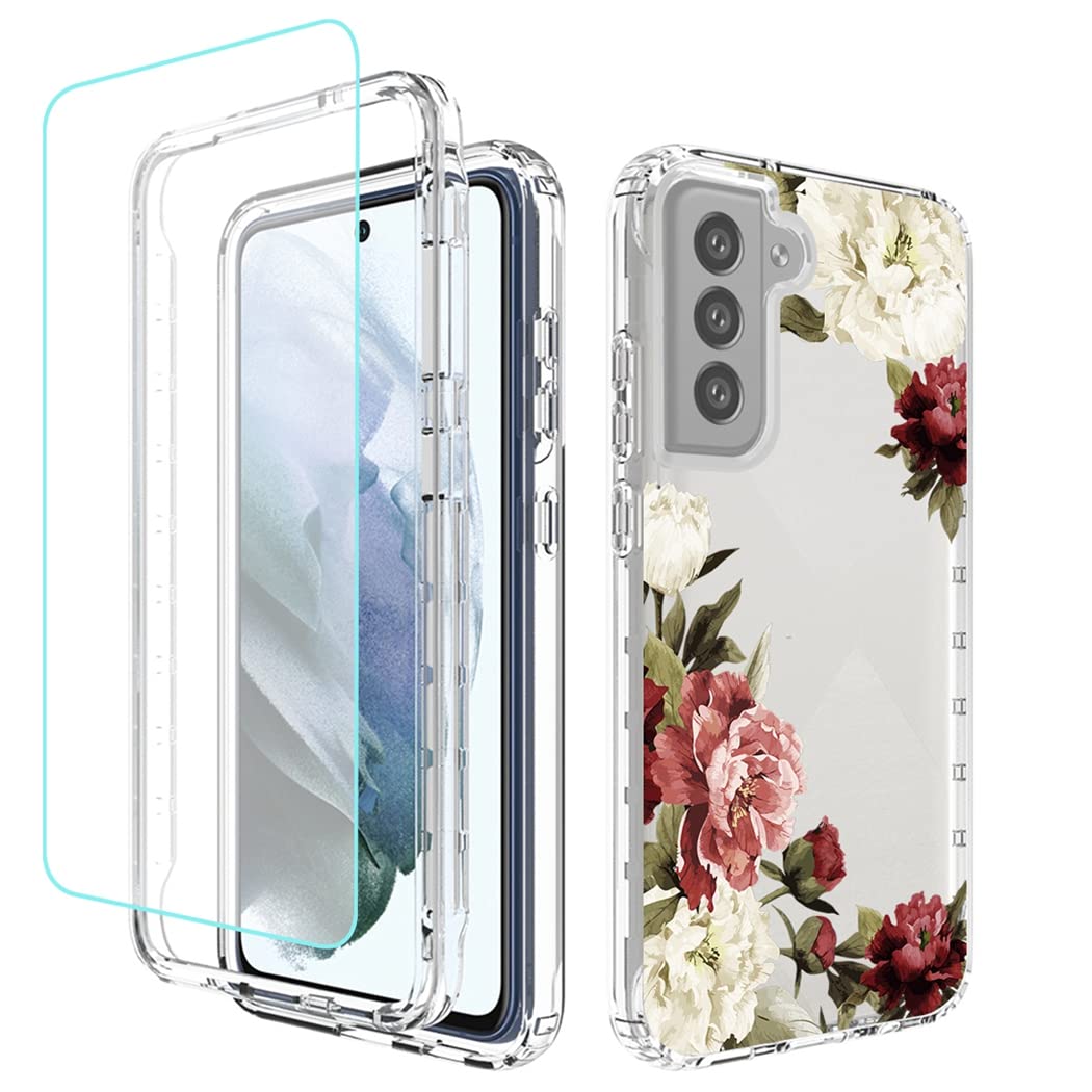 Tothedu Phone Case for Galaxy S21 FE 5G, Samsung S21 FE SM-G990U Case with Tempered-Glass Screen Protector, Clear Floral Pattern Full Body Protective