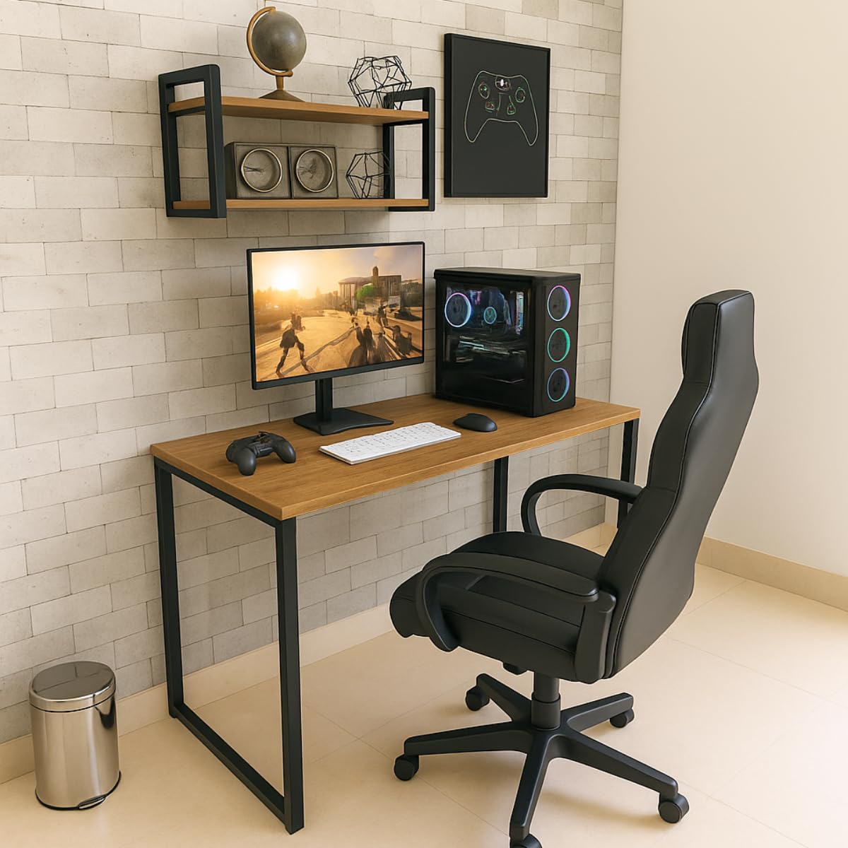 Kit Setup Gamer Mesa Escrivaninha Industrial com Prateleira 100x60cm 100% MDF Premium Freijó e Aço Preto