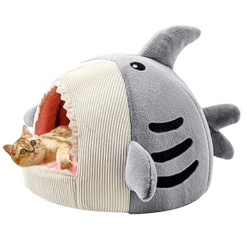 Qpets? Shark-Shaped House Cat Bed with One Cushion and One Warm Kennels for Cat Small Dog Within 2.5 KG, Cat Bed Small Cat and Dog Cave Comfort Bed, Removable Cat Bed(Light Grey)