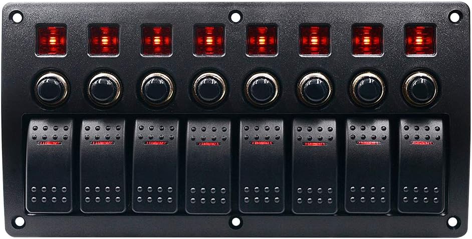 WUPP Boat Rocker Switch Panel Waterproof 8 Gang 3PIN & Circuit Breaker Overload Protection LED Switch Panel DC12/24V ON-Off Aluminium Switches for Marine RV Car Truck Trailer, Christmas Gift Idea