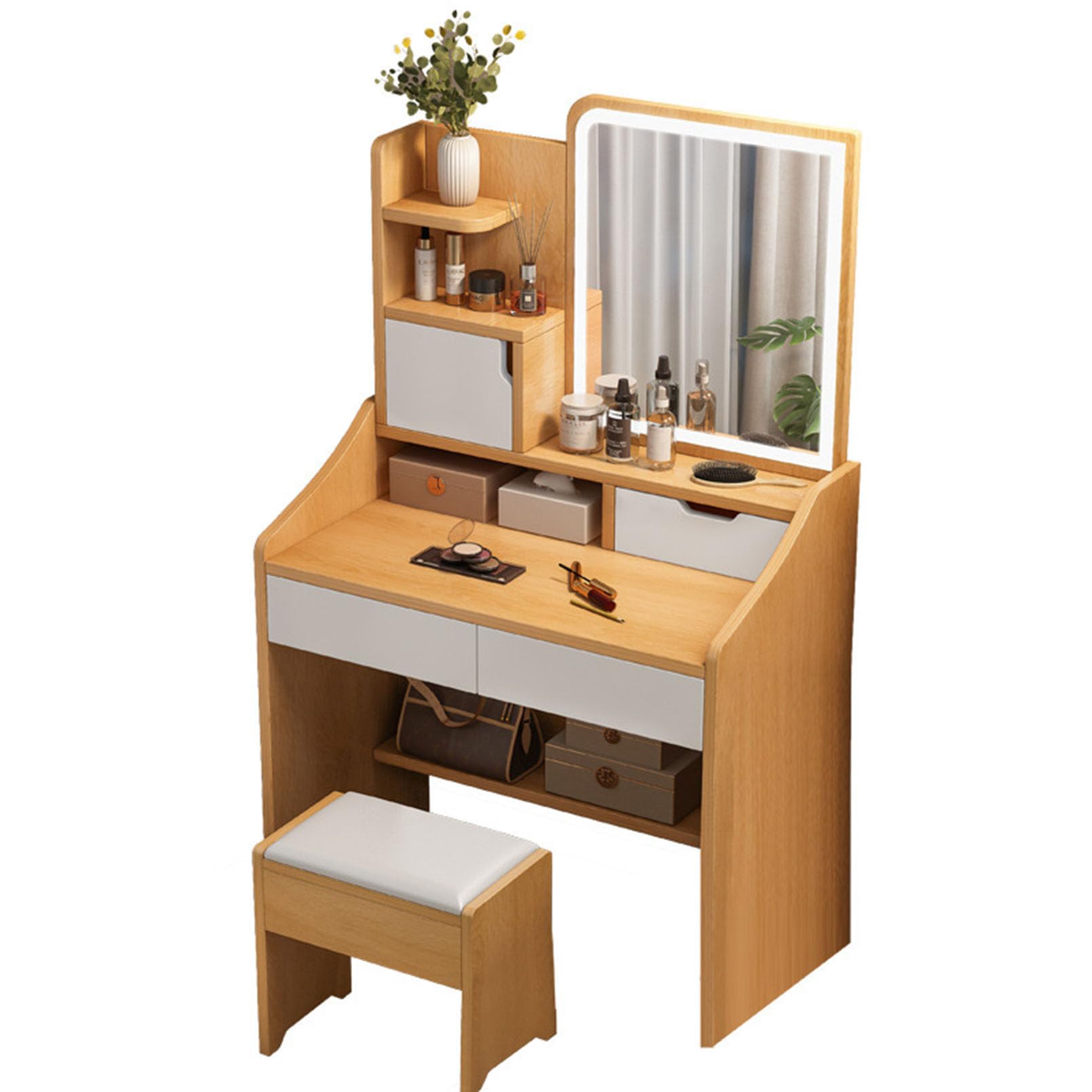 asdchZen Lighted Makeup Mirror Set Wooden Vanity Desk With Large Drawers & Shelves Adjustable Brightness Dressing Table In 3 Colors For Bedroom Ideal For Beauty Routine