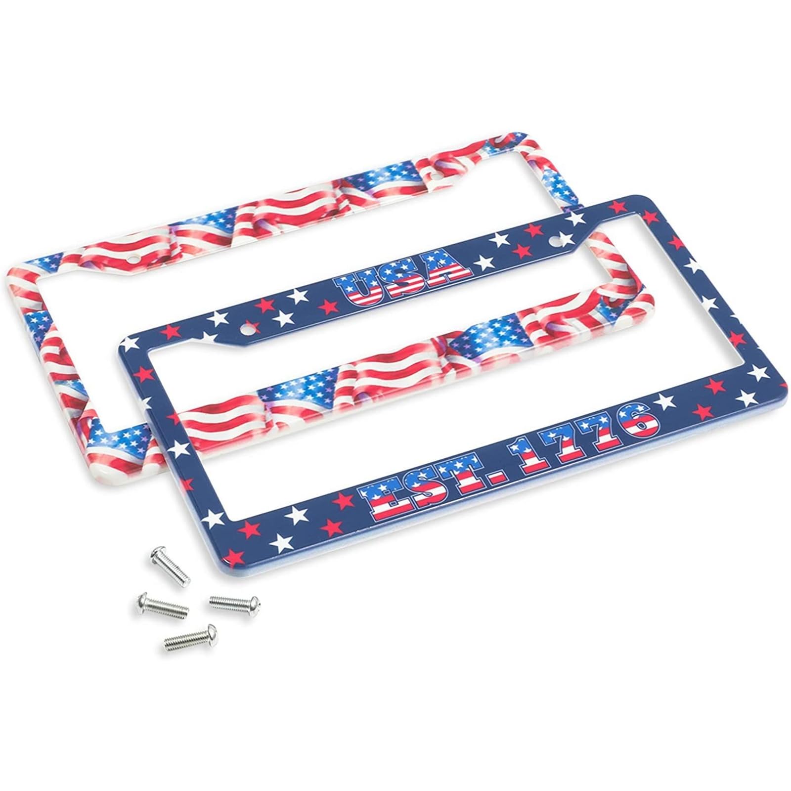 Zodaca American Flag License Plate Frames - 2 Pack Patriotic Plastic Frames For Cars & Trucks