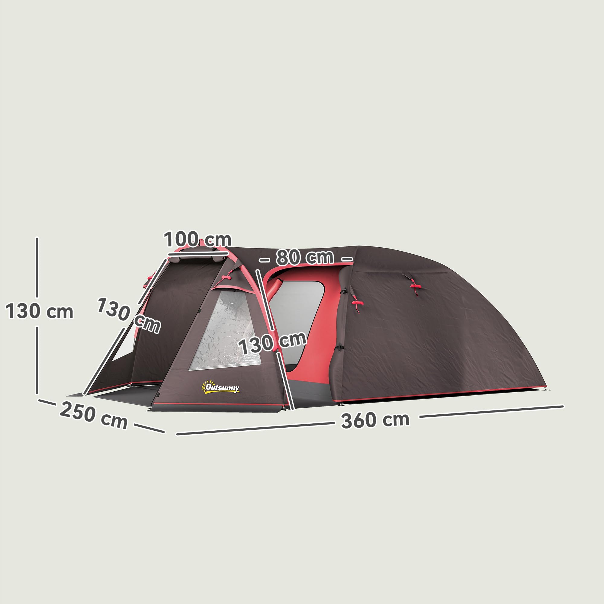 Outsunny Tenda Campeggio a Tunnel per 2-4 Persone con 2 Stanze, Tenda Famigliare da Trekking Pesca Impermeabile 3000mm con Fondo Rinforzato, Doppie Porte, Borsa di Trasporto, 360x250x130 cm, Grigio