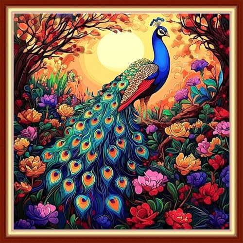 Image of Foxhool Beginners Cross Stitch Kits Stamped Full Range of Embroidery Kits for Adults DIY Cross Stitches kit Embroidery Patterns for Needlepoint kit-Peacock Flower 18x18 inch